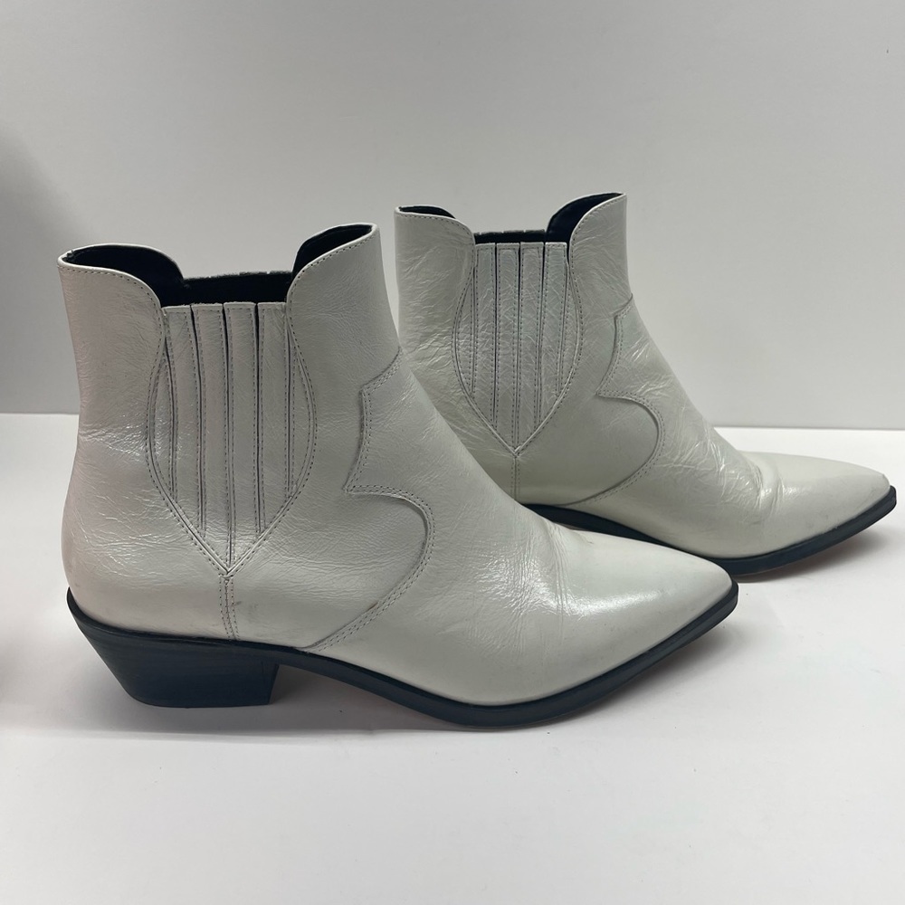 Rebecca Minkoff White Patent Crinkle Leather Pointed Toe Leather Low Heel Bootie